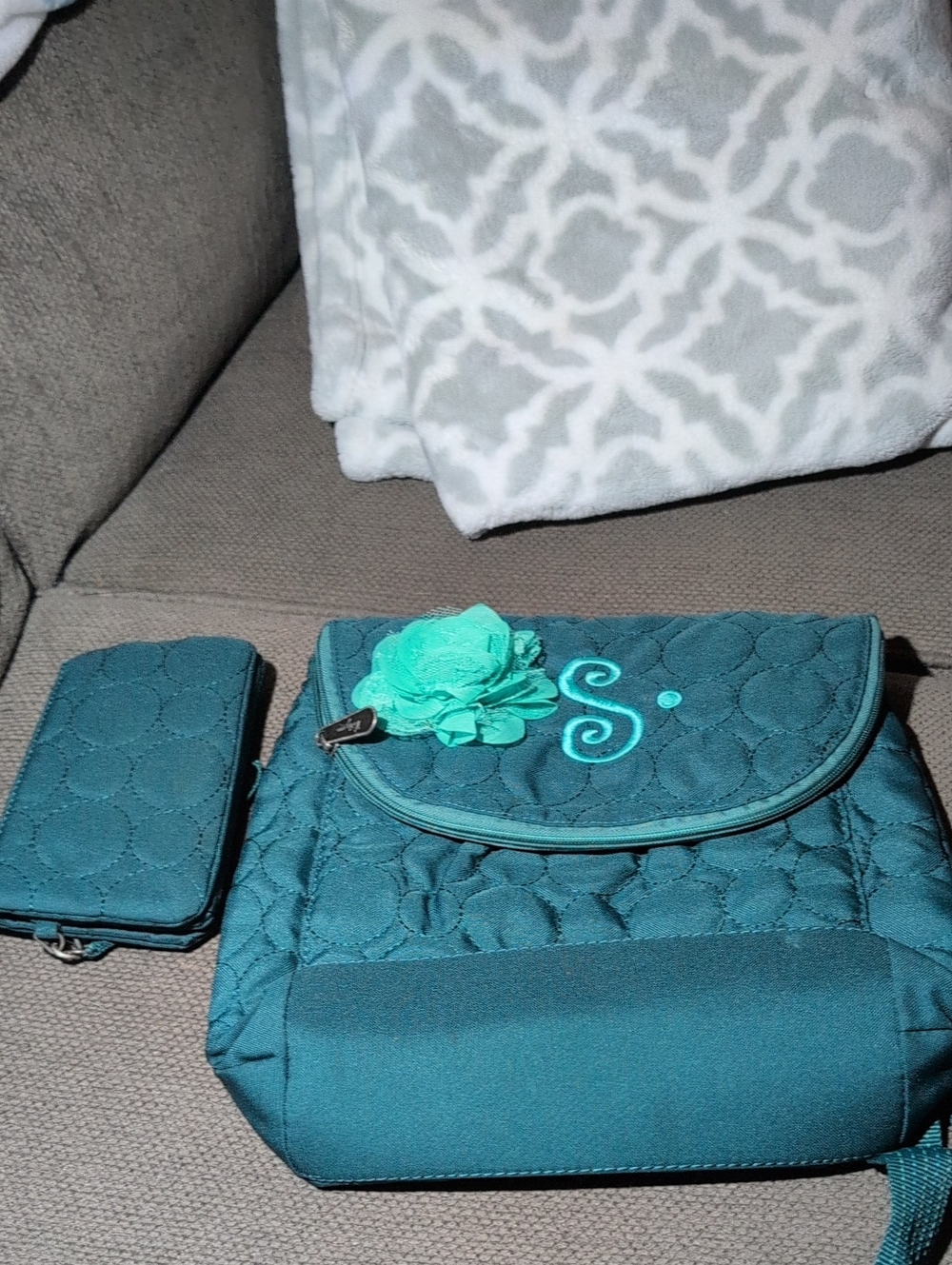 Quilted Turquoise Crossbody Bag/ Backpack/Crossbody with Floral Accent